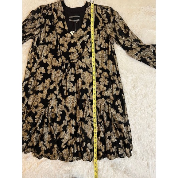 NWT Anthropologie Black Gold Metallic Foil Long Sleeve Ruffle Tunic Dress Sz XS - Picture 7 of 7